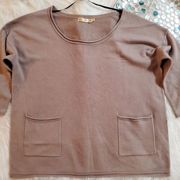 Kaily K Womens Pullover Sweater Size L Taupe Boxy Pockets Roll Hems Soft Knit - Picture 3 of 11